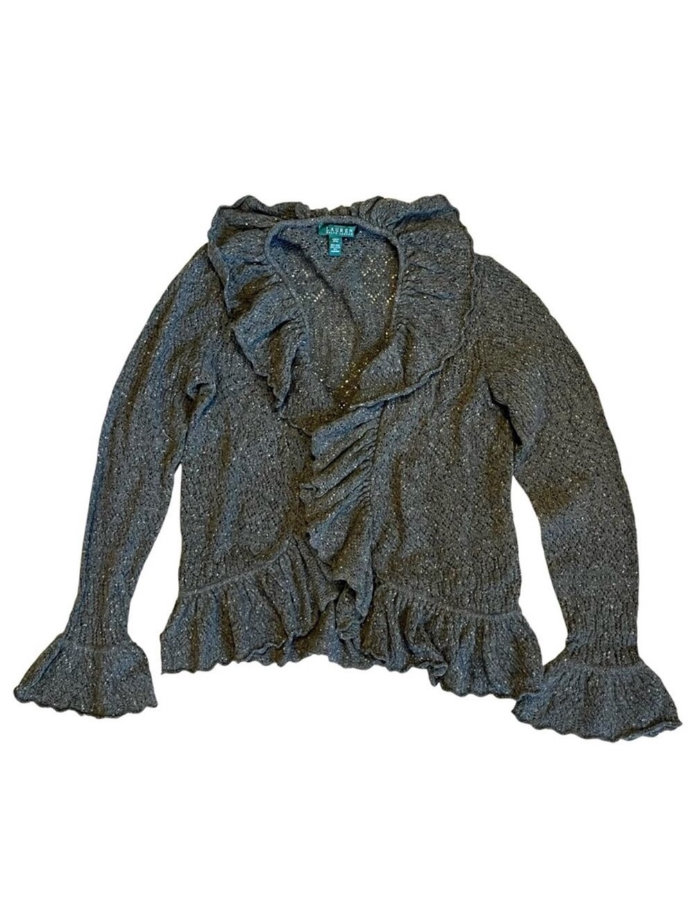 Lauren Ralph Lauren Women’s M Green Ruffle Cardigan Sweater Crochet Wool